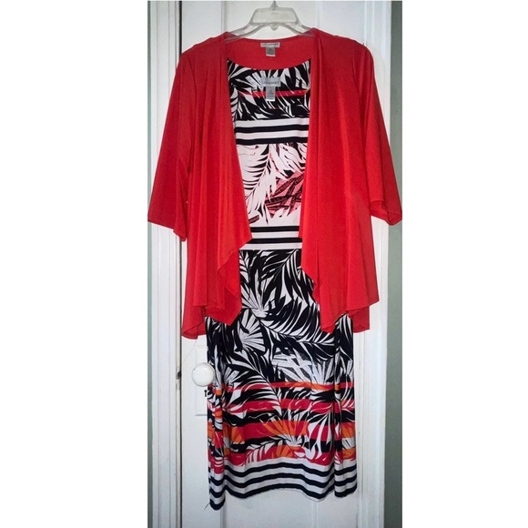 Tropical Print Sleeveless Dress with Red Overlay - Picture 1 of 5